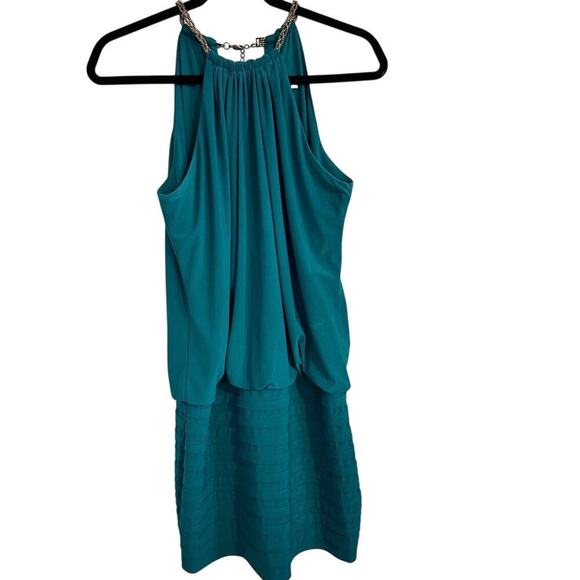 Vintage Cache Women's Green Blouson Gold Chain Halter Neck Mini Dress Size 10 - Picture 2 of 16